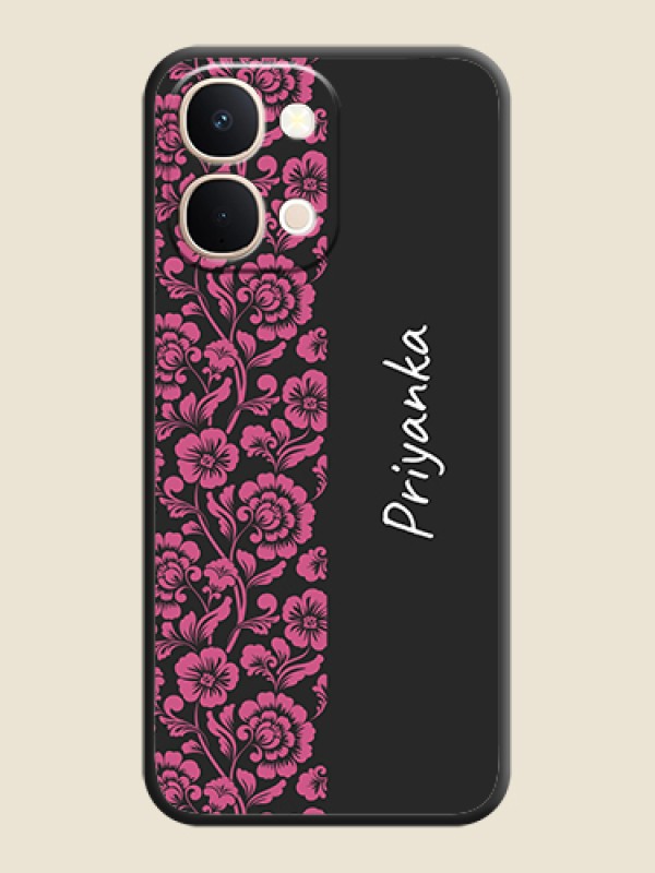 Custom Pink Floral Pattern Design With Custom Text On Space Black Custom Soft Matte Mobile Back Cover - Vivo Y51 Pro 5G