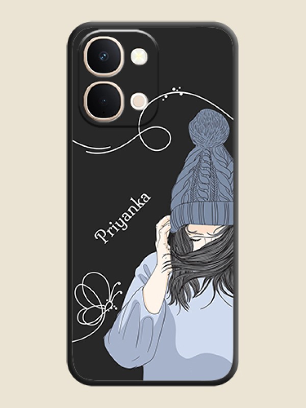 Custom Girl With Blue Winter Outfiit Custom Text Design On Space Black Custom Soft Matte Mobile Back Cover - Vivo Y51 Pro 5G