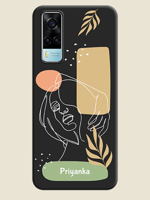 Custom Custom Text With Line Art Of Women & Leaves Design On Space Black Personalized Soft Matte Phone Covers -Vivo Y53S