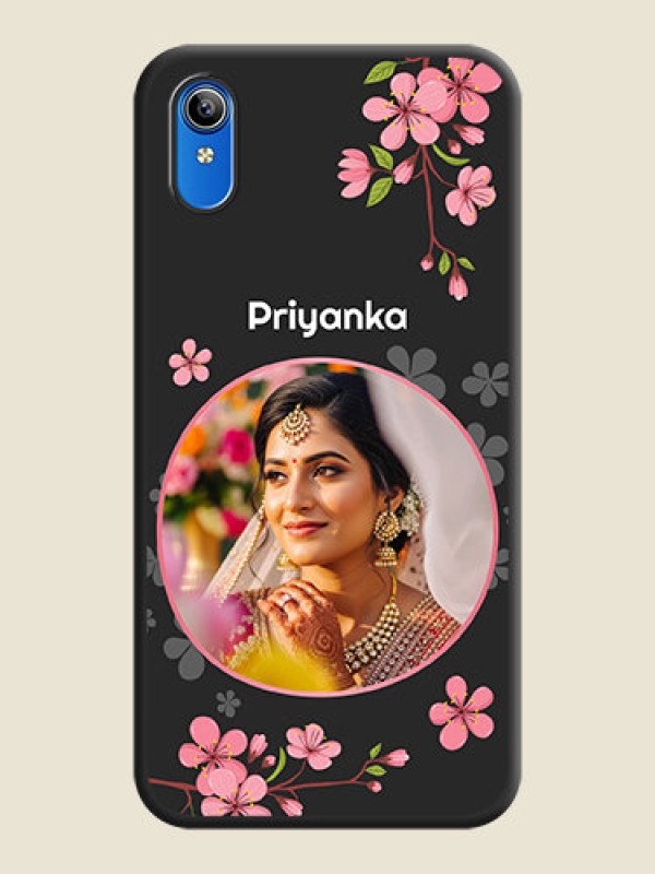 Custom Round Image with Pink Color Floral Design on Photo on Space Black Soft Matte Back Cover - Vivo Y91i
