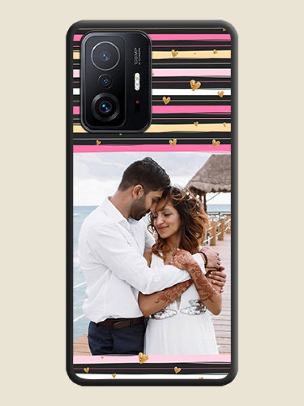 Custom Multicolor Lines and Golden Love Symbols Design on Photo on Space Black Soft Matte Mobile Cover - Xiaomi 11T Pro 5G