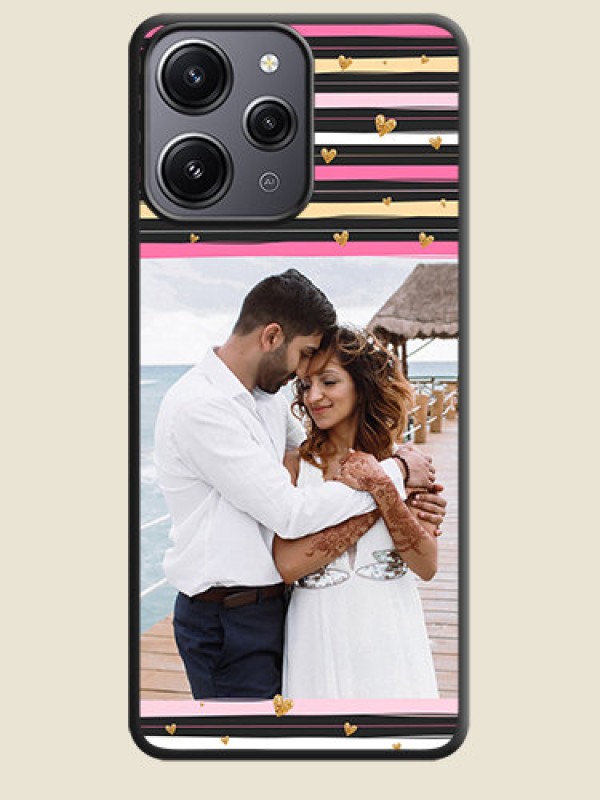 Custom Multicolor Lines and Golden Love Symbols Design - Photo on Space Black Soft Matte Mobile Cover - Redmi 12 4G