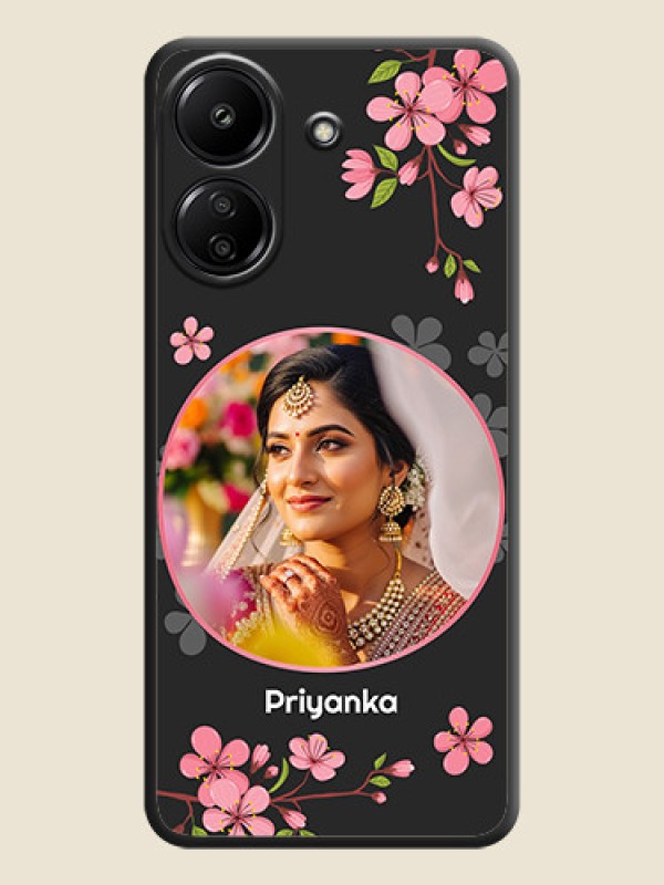Custom Round Image with Pink Color Floral Design on Photo On Space Black Custom Soft Matte Mobile Back Cover - Redmi 13C 4G