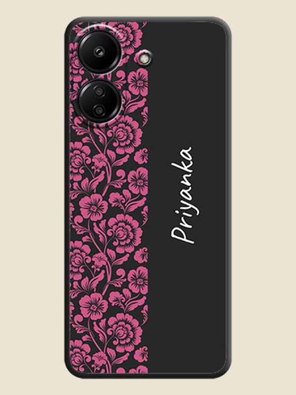 Custom Pink Floral Pattern Design With Custom Text On Space Black Custom Soft Matte Mobile Back Cover - Redmi 13C 4G