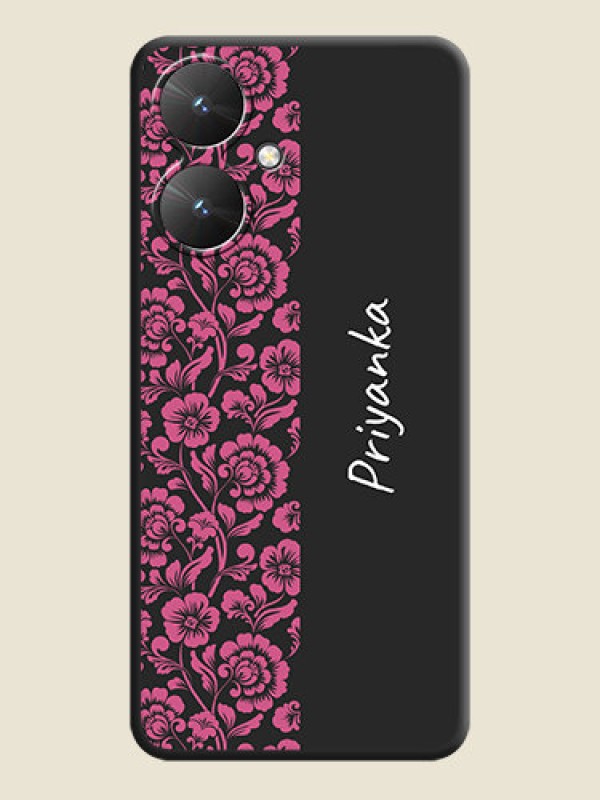 Custom Pink Floral Pattern Design With Custom Text On Space Black Custom Soft Matte Mobile Back Cover - Redmi 13C 5G