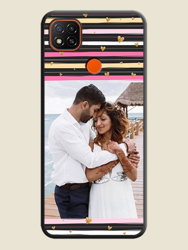 Custom Multicolor Lines and Golden Love Symbols Design on Photo on Space Black Soft Matte Mobile Cover - Redmi 9