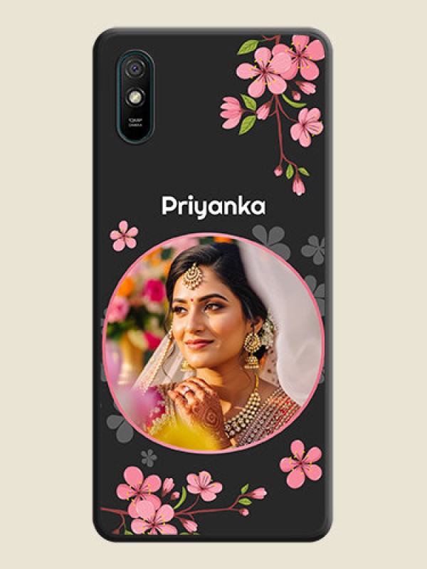 Custom Round Image with Pink Color Floral Design on Photo on Space Black Soft Matte Back Cover - Redmi 9A