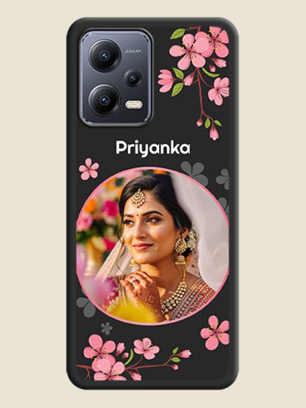 Custom Round Image with Pink Color Floral Design on Photo on Space Black Soft Matte Back Cover - Xiaomi Redmi Note 12 Pro Plus 5G