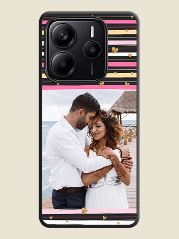 Custom Multicolor Lines and Golden Love Symbols Design on Photo On Space Black Custom Soft Matte Mobile Back Cover - Redmi Note 14 5G