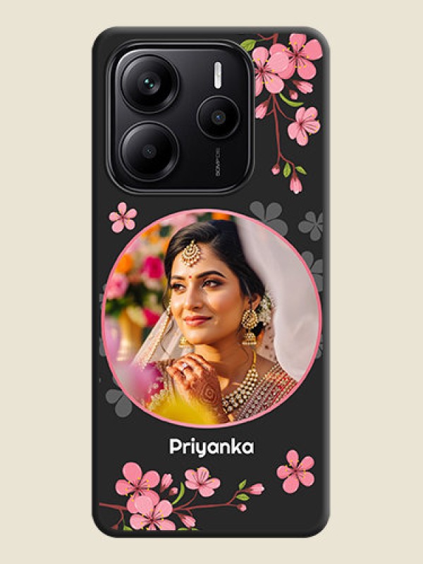 Custom Round Image with Pink Color Floral Design on Photo On Space Black Custom Soft Matte Mobile Back Cover - Redmi Note 14 5G