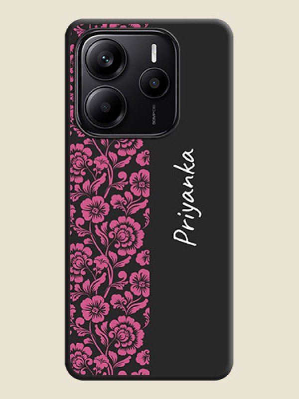 Custom Pink Floral Pattern Design With Custom Text On Space Black Custom Soft Matte Mobile Back Cover - Redmi Note 14 5G