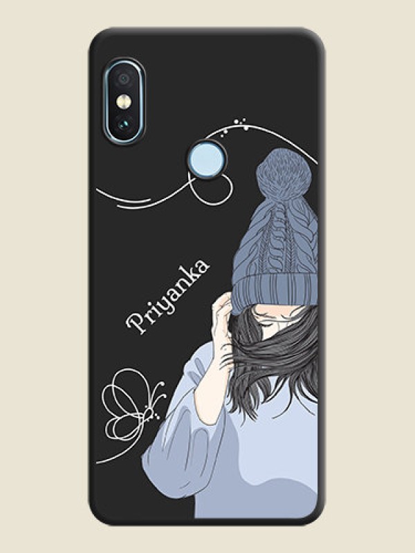 Custom Girl With Blue Winter Outfiit Custom Text Design On Space Black Custom Soft Matte Mobile Back Cover - Xiaomi Redmi Note 5 Pro