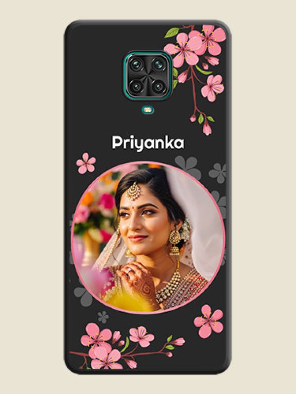 Custom Round Image with Pink Color Floral Design on Photo on Space Black Soft Matte Back Cover - Redmi Note 9 Pro Max