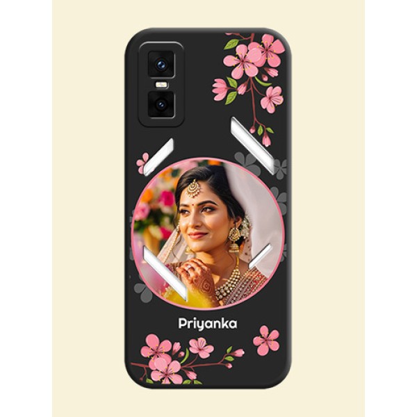Round Image with Pink Color Floral Design on Photo On Space Black Custom Soft Matte Mobile Back Cover - Infinix GT 30 Pro 5G Round Image with Pink Color Floral Design on Photo On Space Black Custom Soft Matte Mobile Back Cover - Infinix GT 30 Pro 5G