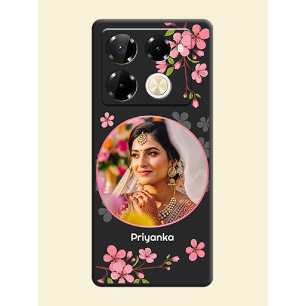 Round Image with Pink Color Floral Design on Photo On Space Black Custom Soft Matte Mobile Back Cover - Infinix Note 40 Pro 5G Round Image with Pink Color Floral Design on Photo On Space Black Custom Soft Matte Mobile Back Cover - Infinix Note 40 Pro 5G