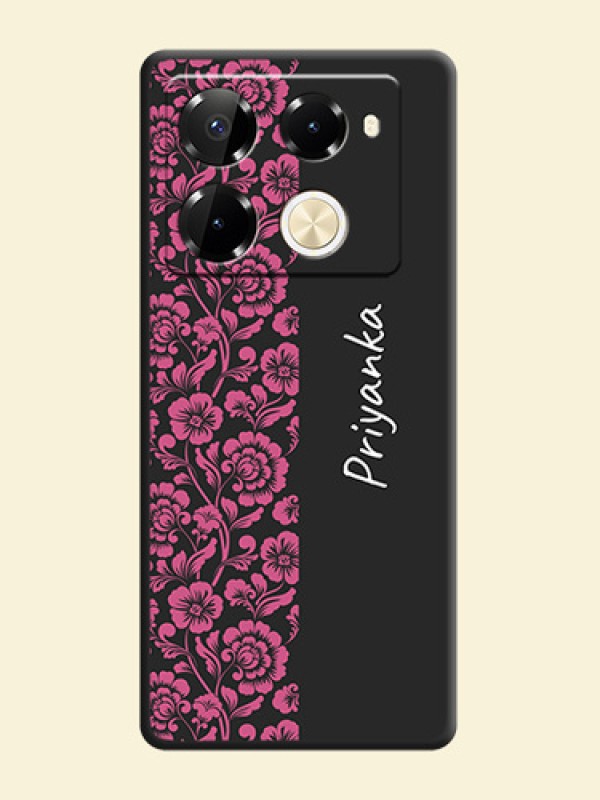 Pink Floral Pattern Design With Custom Text On Space Black Custom Soft Matte Mobile Back Cover - Infinix Note 40 Pro 5G