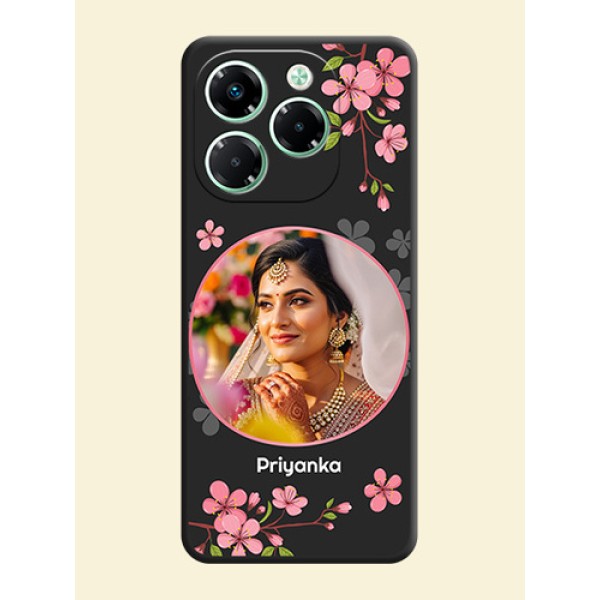 Round Image with Pink Color Floral Design on Photo On Space Black Custom Soft Matte Mobile Back Cover - Infinix Note 40X 5G Round Image with Pink Color Floral Design on Photo On Space Black Custom Soft Matte Mobile Back Cover - Infinix Note 40X 5G