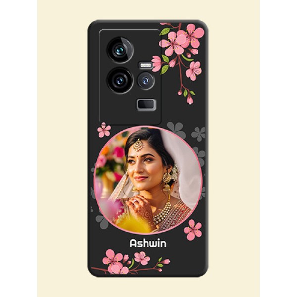 Round Image with Pink Color Floral Design on Photo on Space Black Soft Matte Back Cover - iQOO 11 5G