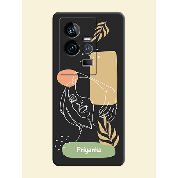 Custom Text With Line Art Of Women & Leaves Design On Space Black Personalized Soft Matte Phone Covers -iQOO 11 5G Custom Text With Line Art Of Women & Leaves Design On Space Black Personalized Soft Matte Phone Covers -iQOO 11 5G