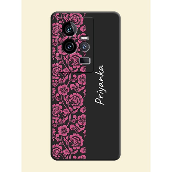 Pink Floral Pattern Design With Custom Text On Space Black Personalized Soft Matte Phone Covers -iQOO 11 5G Pink Floral Pattern Design With Custom Text On Space Black Personalized Soft Matte Phone Covers -iQOO 11 5G