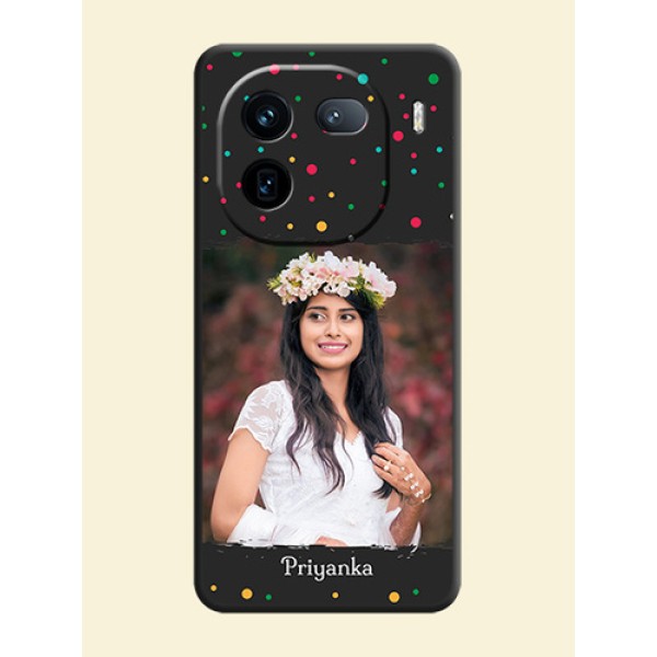 Multicolor Dotted Pattern with Text On Space Black Custom Soft Matte Mobile Back Cover - iQOO 12 5G Multicolor Dotted Pattern with Text On Space Black Custom Soft Matte Mobile Back Cover - iQOO 12 5G