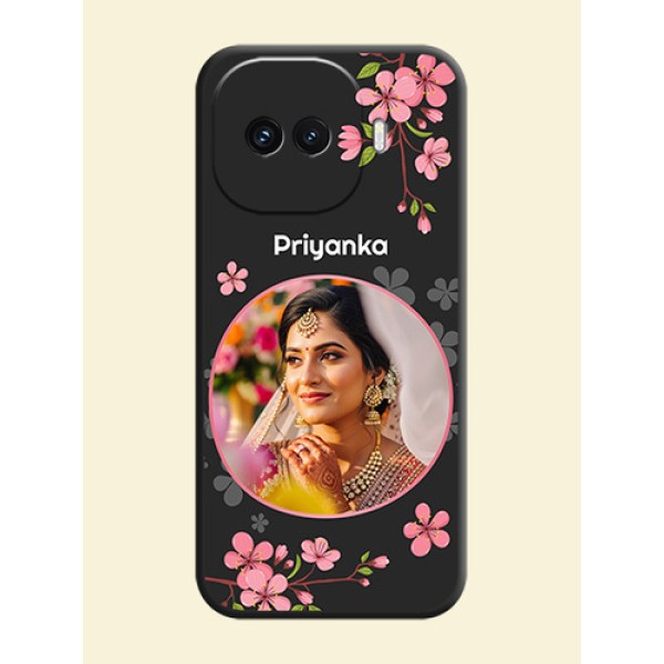 Round Image with Pink Color Floral Design on Photo On Space Black Custom Soft Matte Mobile Back Cover - iQOO 15R 5G