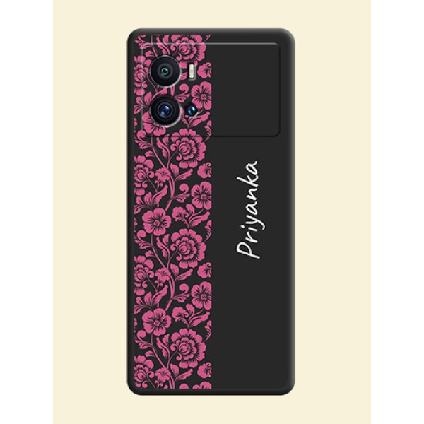 Pink Floral Pattern Design With Custom Text On Space Black Personalized Soft Matte Phone Covers -Iqoo 9 Pro 5G Pink Floral Pattern Design With Custom Text On Space Black Personalized Soft Matte Phone Covers -Iqoo 9 Pro 5G