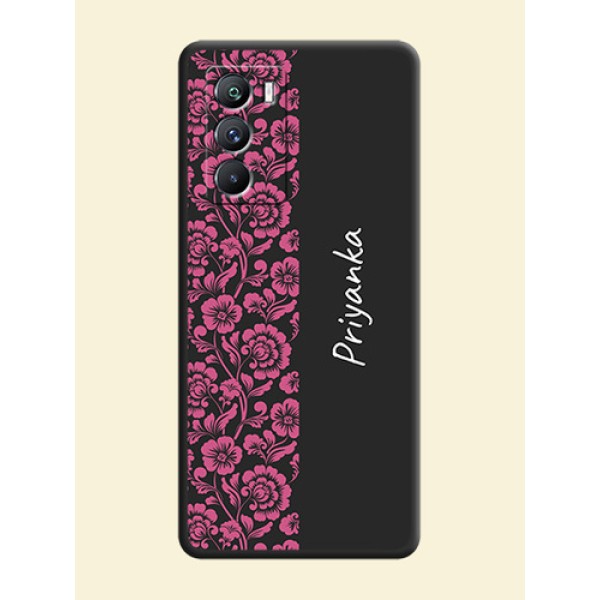 Pink Floral Pattern Design With Custom Text On Space Black Personalized Soft Matte Phone Covers -Iqoo 9 Se 5G Pink Floral Pattern Design With Custom Text On Space Black Personalized Soft Matte Phone Covers -Iqoo 9 Se 5G