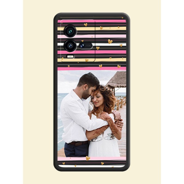Multicolor Lines and Golden Love Symbols Design on Photo on Space Black Soft Matte Mobile Cover - iQOO 9T 5G Multicolor Lines and Golden Love Symbols Design on Photo on Space Black Soft Matte Mobile Cover - iQOO 9T 5G