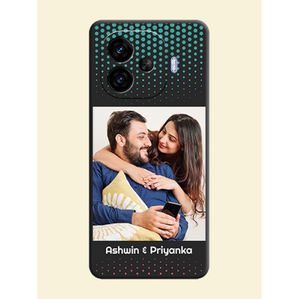 Faded Dots with Grunge Photo Frame and Text On Space Black Custom Soft Matte Mobile Back Cover - iQOO Neo 10R 5G Faded Dots with Grunge Photo Frame and Text On Space Black Custom Soft Matte Mobile Back Cover - iQOO Neo 10R 5G
