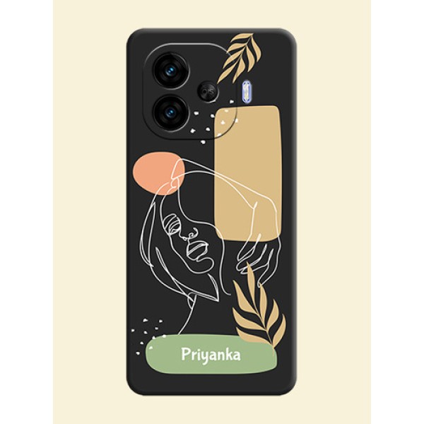 Custom Text With Line Art Of Women & Leaves Design On Space Black Custom Soft Matte Mobile Back Cover - iQOO Neo 10R 5G Custom Text With Line Art Of Women & Leaves Design On Space Black Custom Soft Matte Mobile Back Cover - iQOO Neo 10R 5G