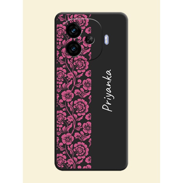 Pink Floral Pattern Design With Custom Text On Space Black Custom Soft Matte Mobile Back Cover - iQOO Neo 10R 5G Pink Floral Pattern Design With Custom Text On Space Black Custom Soft Matte Mobile Back Cover - iQOO Neo 10R 5G