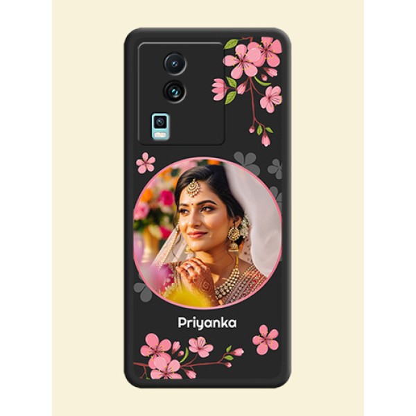 Round Image with Pink Color Floral Design on Photo on Space Black Soft Matte Back Cover - iQOO Neo 7 5G