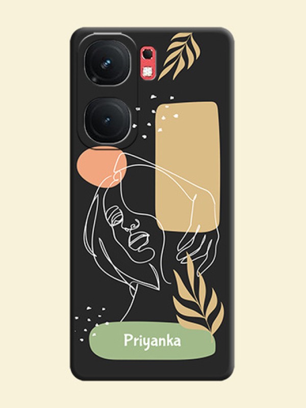 Custom Text With Line Art Of Women & Leaves Design On Space Black Personalized Soft Matte Phone Covers - iQOO Neo 9 Pro 5G