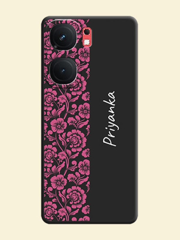 Pink Floral Pattern Design With Custom Text On Space Black Personalized Soft Matte Phone Covers - iQOO Neo 9 Pro 5G