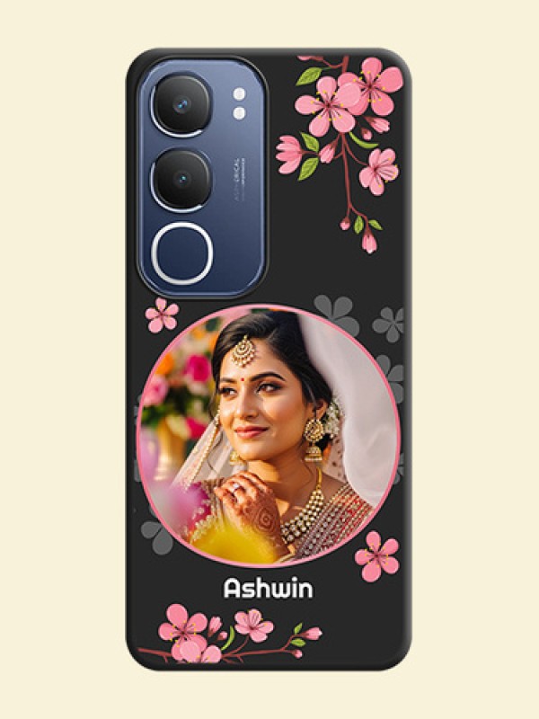Round Image with Pink Color Floral Design on Photo On Space Black Custom Soft Matte Mobile Back Cover - iQOO Z10 Lite