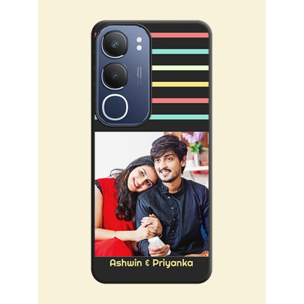 Color Stripes with Photo and Text on Photo On Space Black Custom Soft Matte Mobile Back Cover - iQOO Z10 Lite Color Stripes with Photo and Text on Photo On Space Black Custom Soft Matte Mobile Back Cover - iQOO Z10 Lite