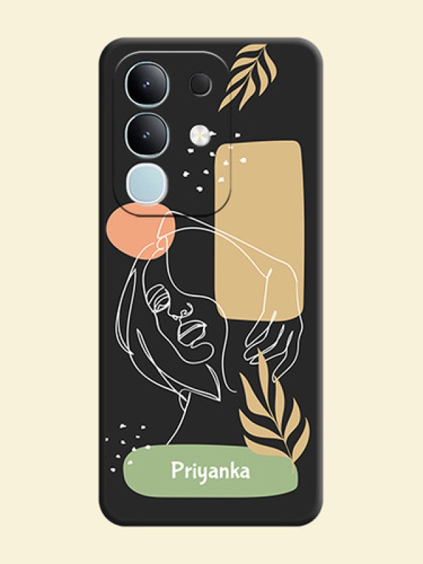 Custom Text With Line Art Of Women & Leaves Design On Space Black Custom Soft Matte Mobile Back Cover - iQOO Z10x 5G