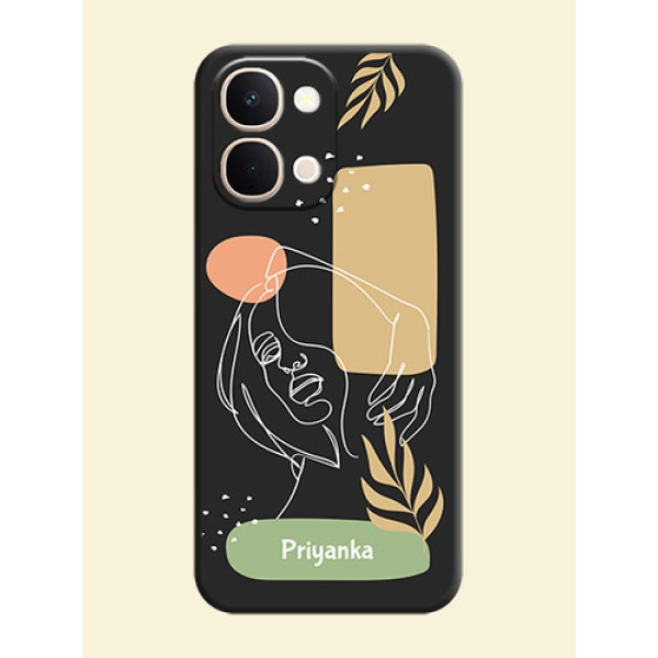 Custom Text With Line Art Of Women & Leaves Design On Space Black Custom Soft Matte Mobile Back Cover - iQOO Z11X 5G