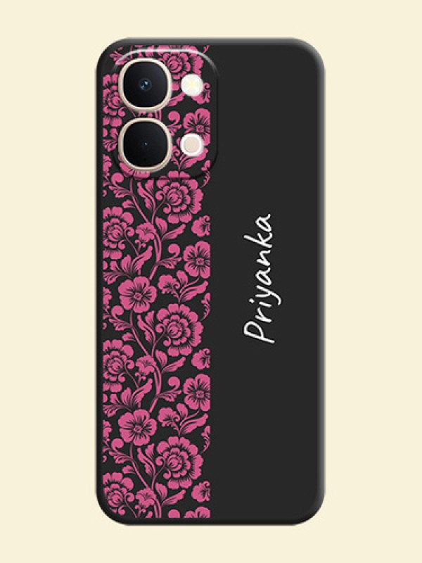 Pink Floral Pattern Design With Custom Text On Space Black Custom Soft Matte Mobile Back Cover - iQOO Z11xa 5G