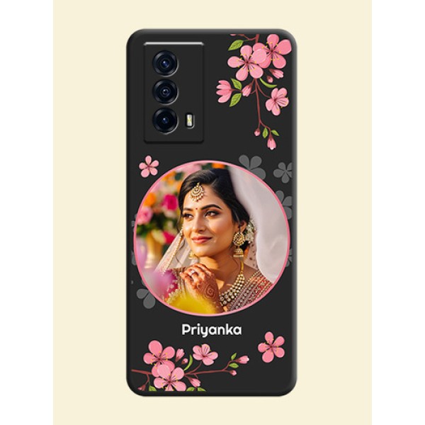 Round Image with Pink Color Floral Design on Photo on Space Black Soft Matte Back Cover - iQOO Z5 5G