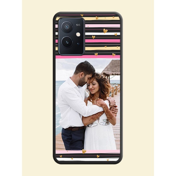 Multicolor Lines and Golden Love Symbols Design on Photo on Space Black Soft Matte Mobile Cover - iQOO Z6 5G Multicolor Lines and Golden Love Symbols Design on Photo on Space Black Soft Matte Mobile Cover - iQOO Z6 5G
