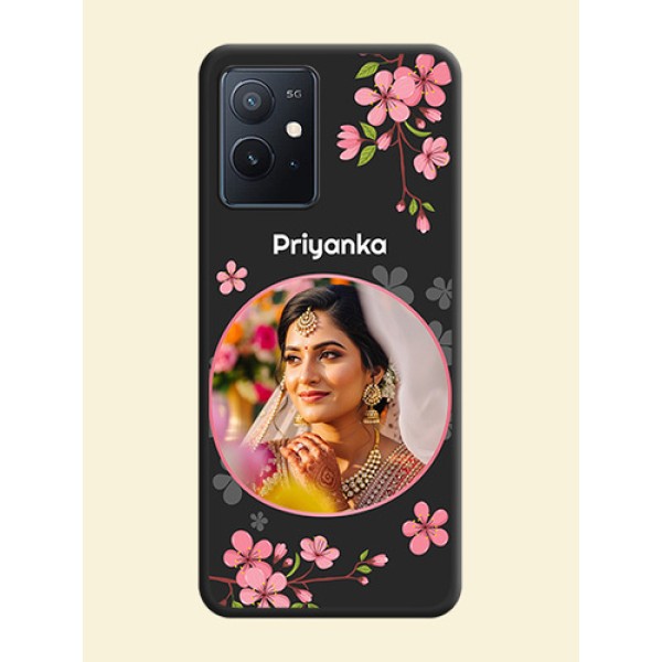Round Image with Pink Color Floral Design on Photo on Space Black Soft Matte Back Cover - iQOO Z6 5G