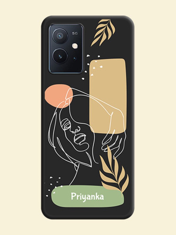 Custom Text With Line Art Of Women & Leaves Design On Space Black Personalized Soft Matte Phone Covers -Iqoo Z6 5G