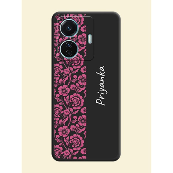 Pink Floral Pattern Design With Custom Text On Space Black Personalized Soft Matte Phone Covers -Iqoo Z6 Pro 5G Pink Floral Pattern Design With Custom Text On Space Black Personalized Soft Matte Phone Covers -Iqoo Z6 Pro 5G