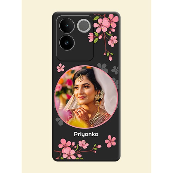 Round Image with Pink Color Floral Design - Photo on Space Black Soft Matte Back Cover - iQOO Z7 Pro 5G Round Image with Pink Color Floral Design - Photo on Space Black Soft Matte Back Cover - iQOO Z7 Pro 5G