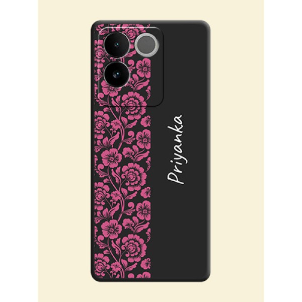 Pink Floral Pattern Design With Custom Text On Space Black Personalized Soft Matte Phone Covers - iQOO Z7 Pro 5G Pink Floral Pattern Design With Custom Text On Space Black Personalized Soft Matte Phone Covers - iQOO Z7 Pro 5G