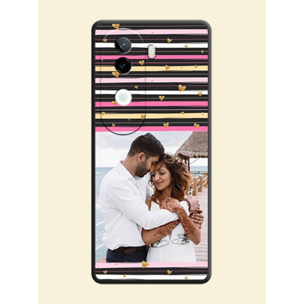 Multicolor Lines and Golden Love Symbols Design on Photo On Space Black Custom Soft Matte Mobile Back Cover - iQOO Z9s 5G