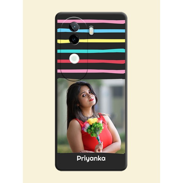 Multicolor Lines with Image On Space Black Custom Soft Matte Mobile Back Cover - iQOO Z9s 5G Multicolor Lines with Image On Space Black Custom Soft Matte Mobile Back Cover - iQOO Z9s 5G