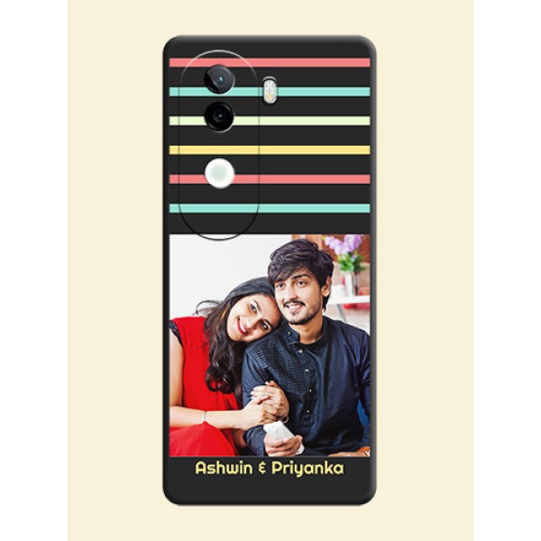 Color Stripes with Photo and Text on Photo On Space Black Custom Soft Matte Mobile Back Cover - iQOO Z9s 5G Color Stripes with Photo and Text on Photo On Space Black Custom Soft Matte Mobile Back Cover - iQOO Z9s 5G